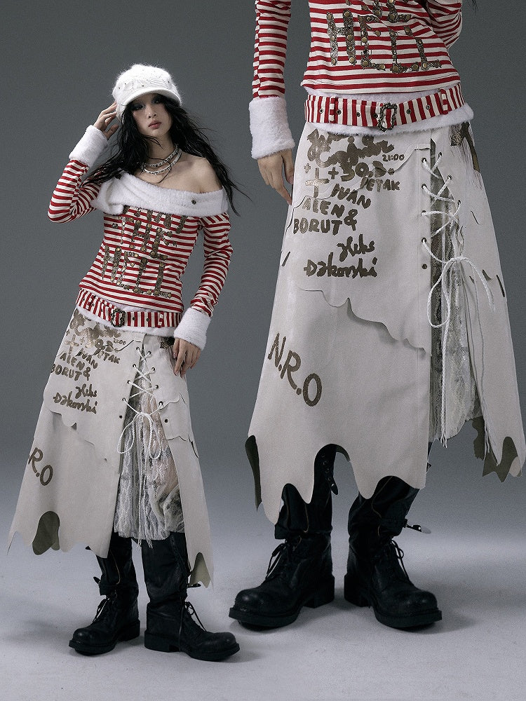 Black/White Asymmetrical Hem Lace-up Detail Skirt with Lace Patches