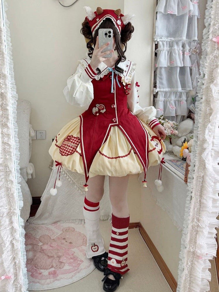 Sheep Embroidered Leg Warmer/White Apple Embroidered Leg Warmer/Red and White Striped Calf Sock Set