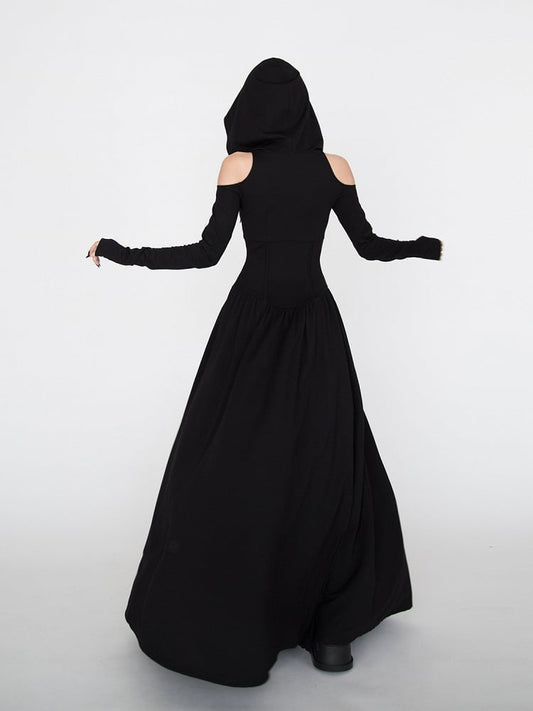 Gothic Black Cutout Shoulder Wasteland Punk Hooded Dress
