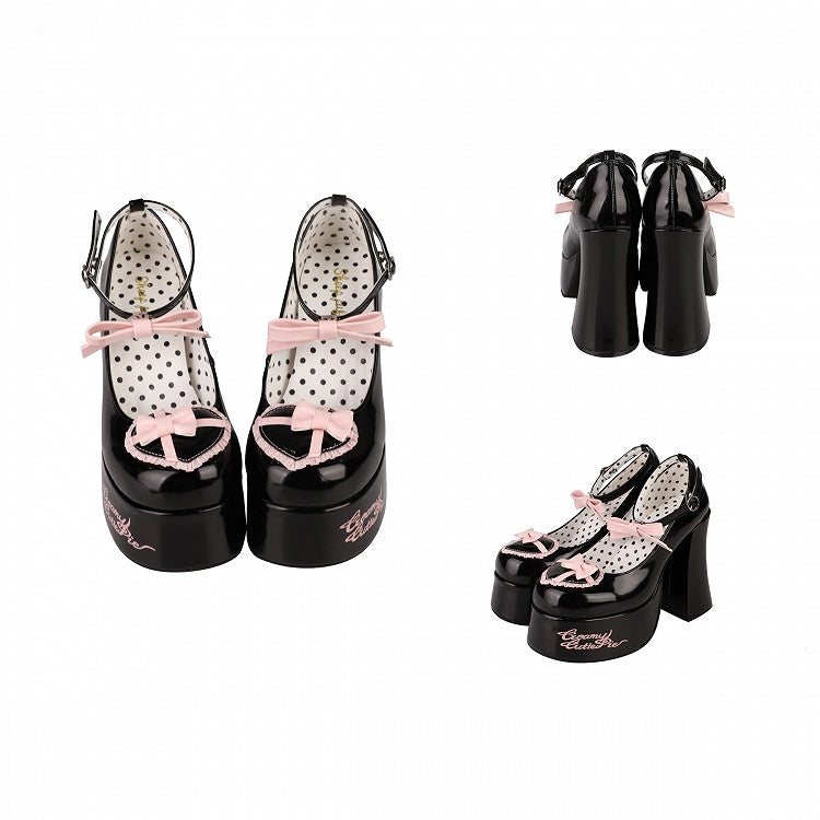 Bow Accents Heart Design Black and Pink Platform Block High Heels