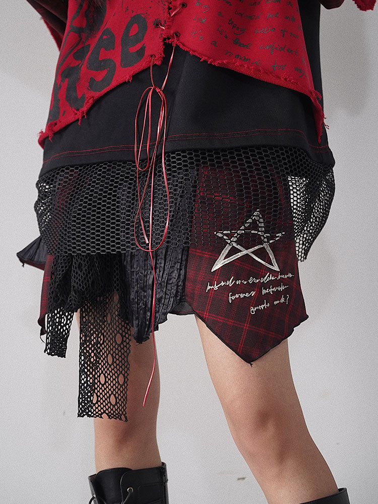 Black and Red Plaid Punk Asymmetrical Skirt