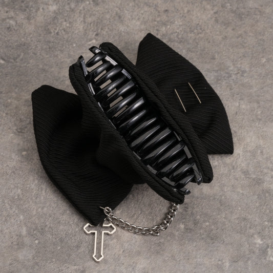 Gothic Cross Chain Decorated Black Bow Claw Clip
