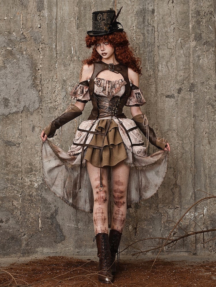 Brown PU Leather Vintage Steampunk Waistcoat Detachable Birdcage