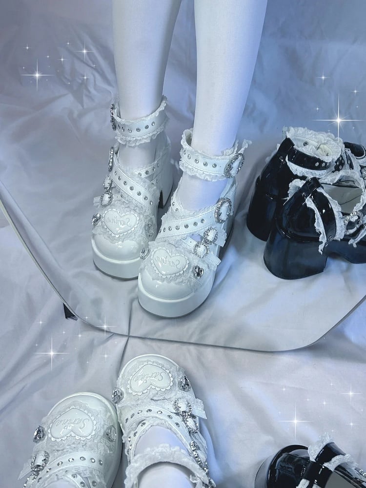Jirai Kei White Platform Shoes: Round Toe with Lace-Trimmed Cross Strap and Chunky Block Heel