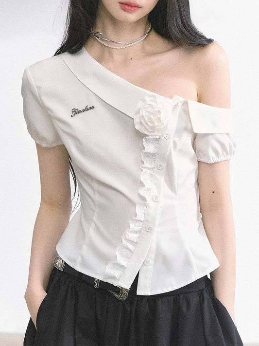 White Asymmetrical Foldover Collar Lace Trim Floral Decoration Short Sleeves Shirt