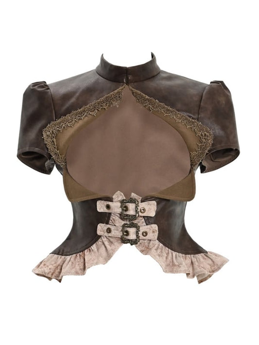 Brown Steampunk Open Bust PU Leather Banded Collar Top