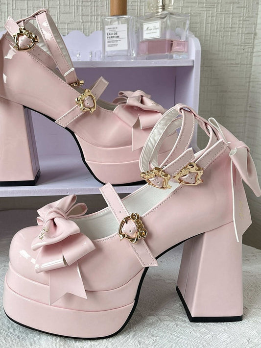 Pink Bow Accents High Block Heel Platform High Heels