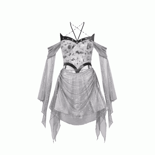 Y3K Fashion Futuristic Silver Tie Dye Halter Neck Cutout Midriff Cyberpunk Dress