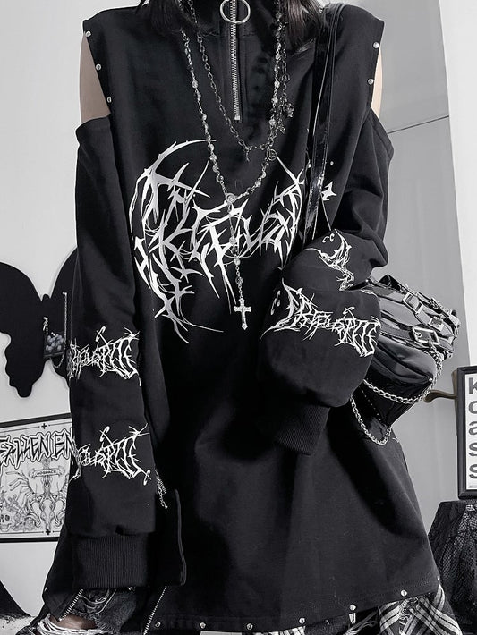 Black&Red Emo Punk Cutout Shoulder Design Sweatshirt