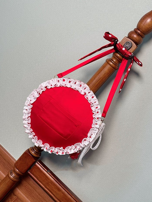 White and Red Strawberry Cake Embroidery Round Bag