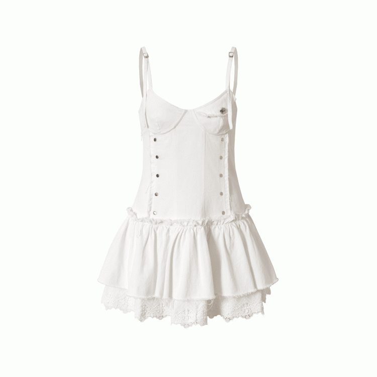 Black/White Dropped Waist Stud Details Raw Hem Punk Cami Dress