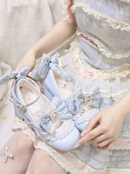 Polished Blue Detachable Rhinestone And Beaded Decorated Bowknot Lace Trim 4.5CM Block Heels Shoes