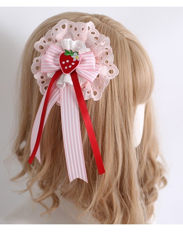 Pink Sweet Lolita Strawberry Applique Striped Pattern Bowknot Hairclip