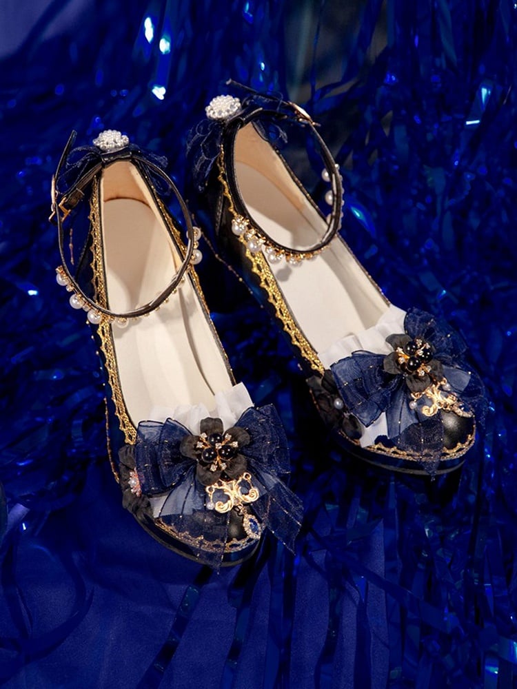 Black & Dark Blue Bowknot and Floral 5.5CM/8CM Lolita Block Heels