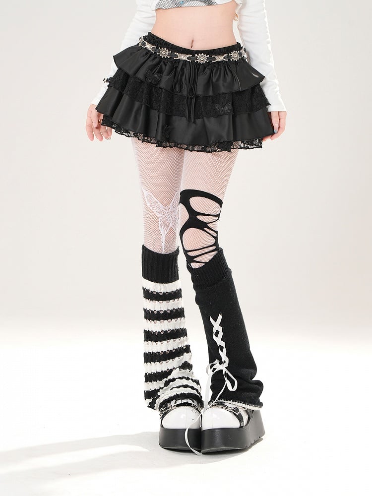 White/Black Elastic Waist Butterfly Appliques Lace Trim Tiered Skirt