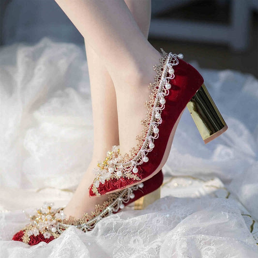 Red Beaded Floral and Charm 7CM Cheongsam Style Hime Lolita High Block Heels