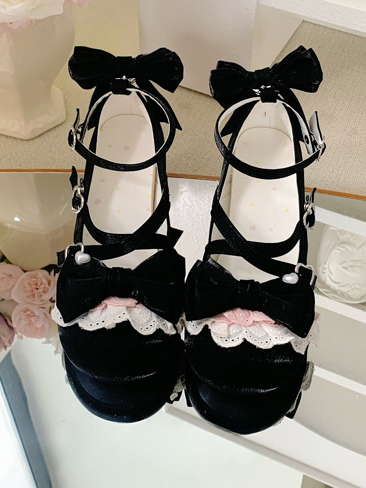 Black Crisscross Design Bow at Top Heart Buckles Sweet Lolita Shoes With Dual Detachable Buckle Ankle Straps