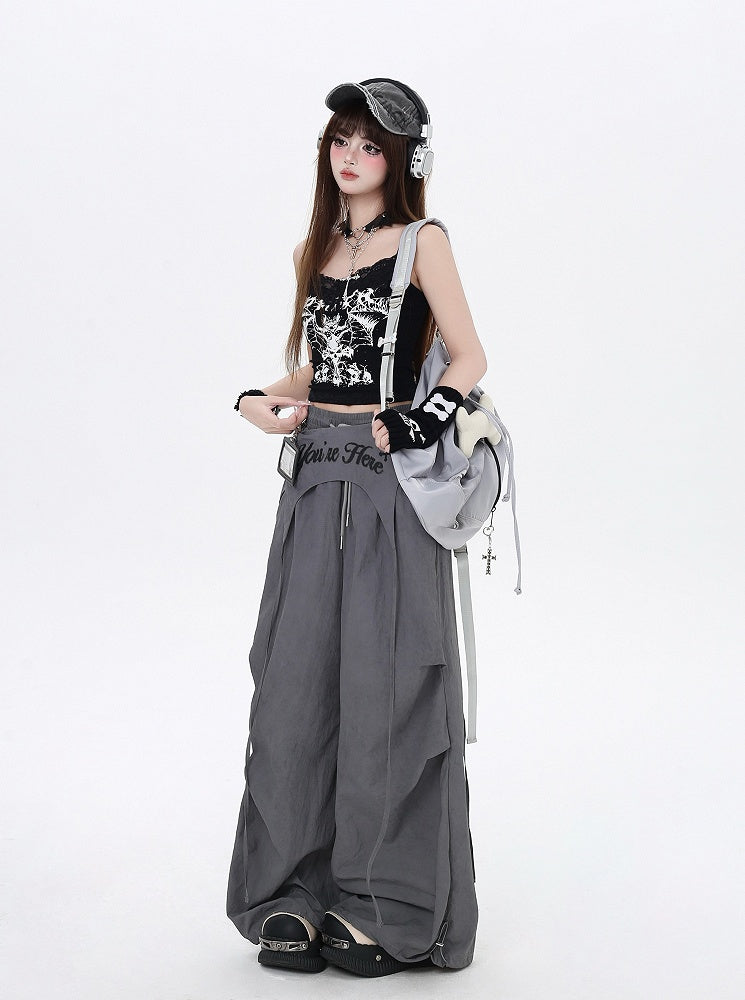 Gray Drawstring Waist Wasteland Punk Pants with Asymmetrical Waist Accessory