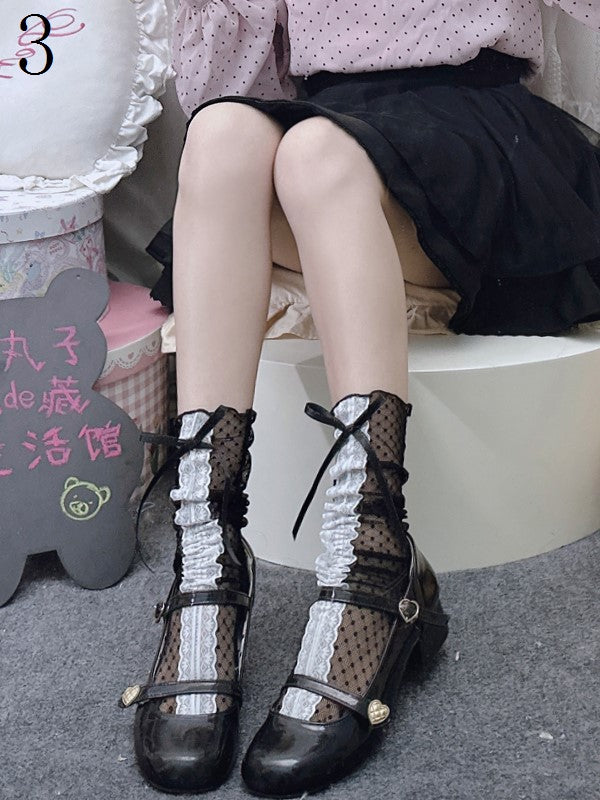 Black/White Bowknot Details Polka-dot Pattern Semi-sheer Calf Socks With Lace Trim