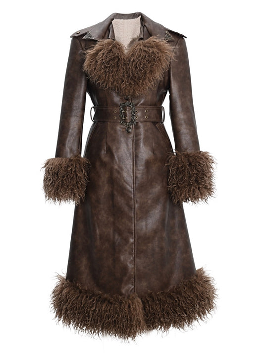 Brown Vintage Mailard Winter Padded Coat PU Leather Fabric