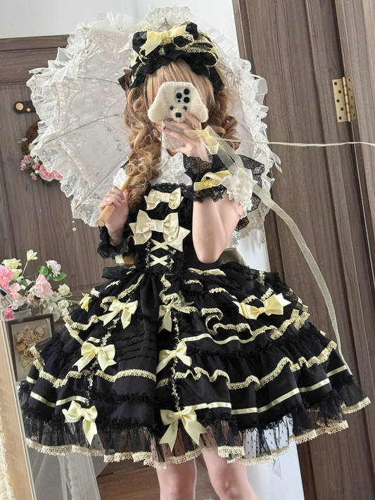 Black and Yellow Sweet Bow Accents Princess Lolita Jumper Skirt