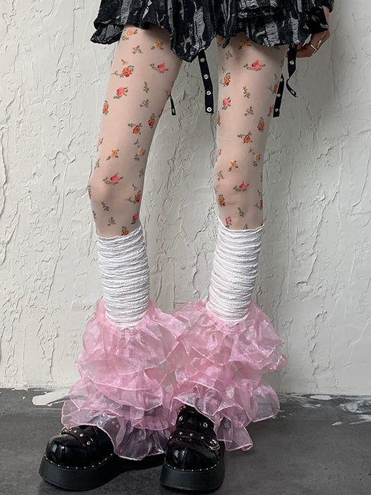 White&Pink Y2K Multi-layered Lace Trim Leg Sleeves