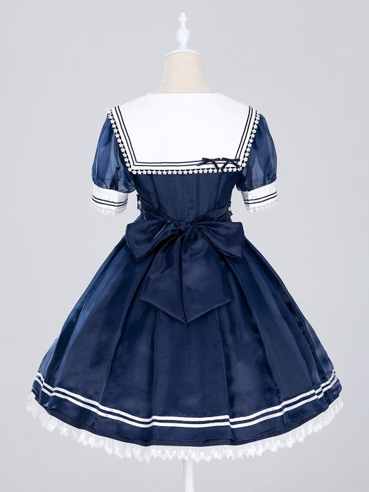 Navy Starry Sailor Lolita Dress with Red Bowtie