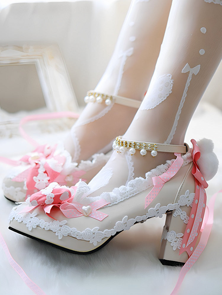 Pink Sweet Lolita Bow at Top Plush Bunny Decorated 8CM Block Heels Lolita Shoes