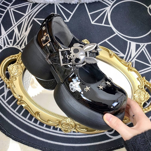 Studs Polished Black Platform Mary Janes with Skeleton Rabbit Buckles