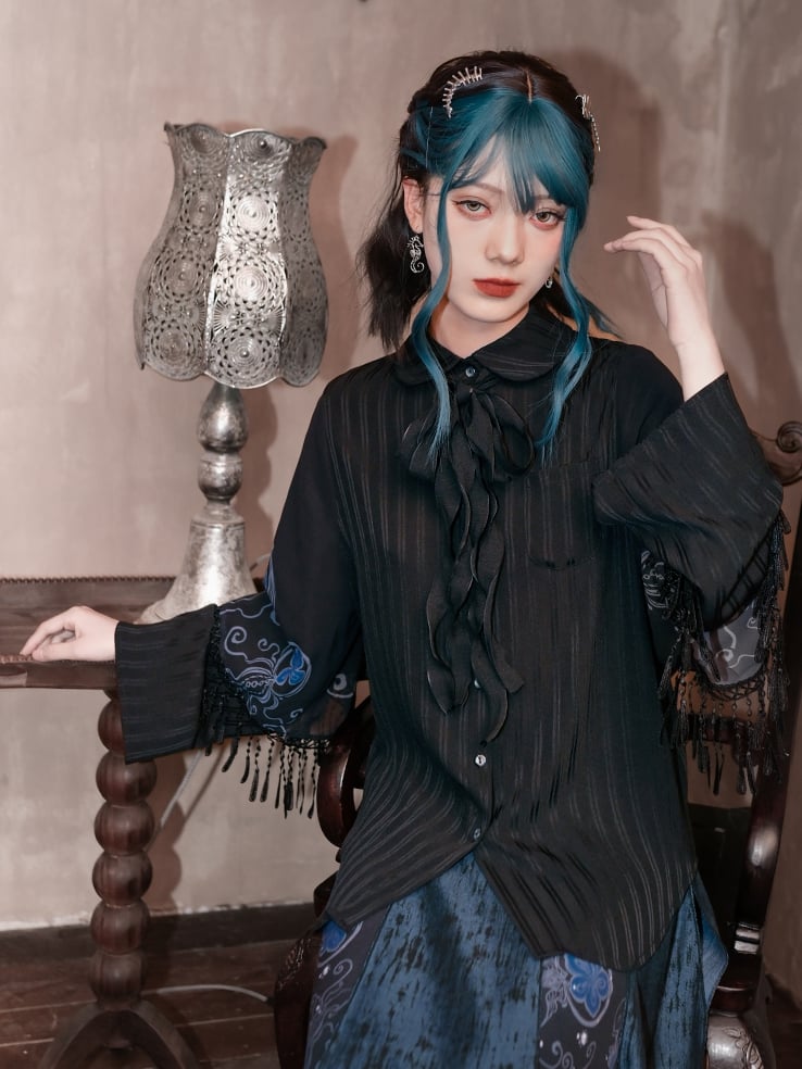 Blue Jellyfish Print Black Peter Pan Collar Tassel Cuffs Cheongsam Style Blouse with Self-tie Bow