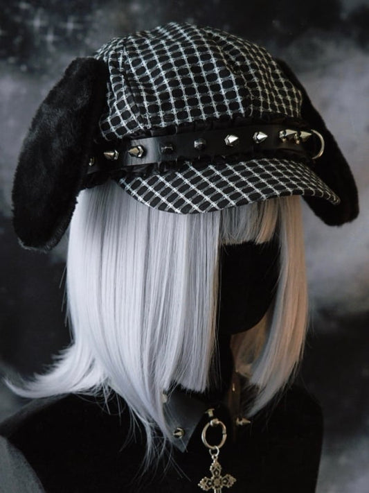 Black Gothic Studs Decorated Buckle Design Plush Puppy Ear Beret Hat