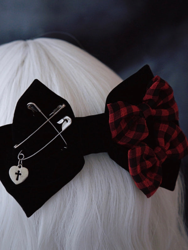 Black Bowknot With Double Red Plaid Pattern Bowknots And Pins Details Clip
