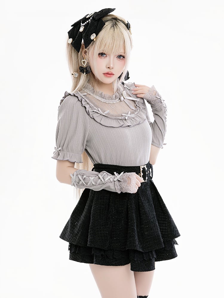 Jirai Kei Bowknots and Beads Decorated Illusion Neckline Gray Blouse with Free Armwear