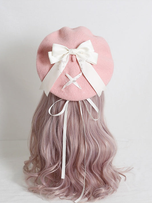 Sweet Lolita Pink Beret With 4-Color Optional Bowknot Ribbon
