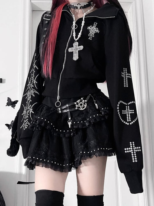 Black Bittersweet Cross And Heart Design Cat Ear Hooded Jacket