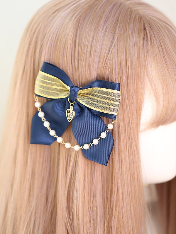 Cute Dark Blue and Gold Bowknot Hairclip with Bead Chain and Heart Charm
