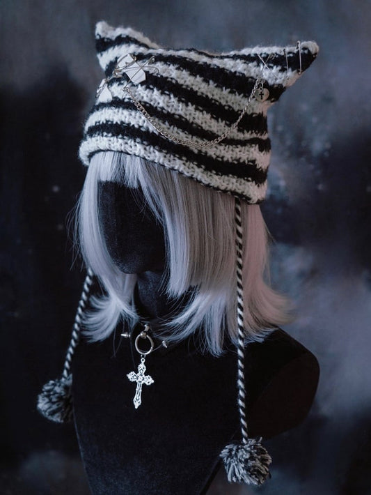 Heart Buckles Gothic Black and White Striped Knitted Hat with Chain