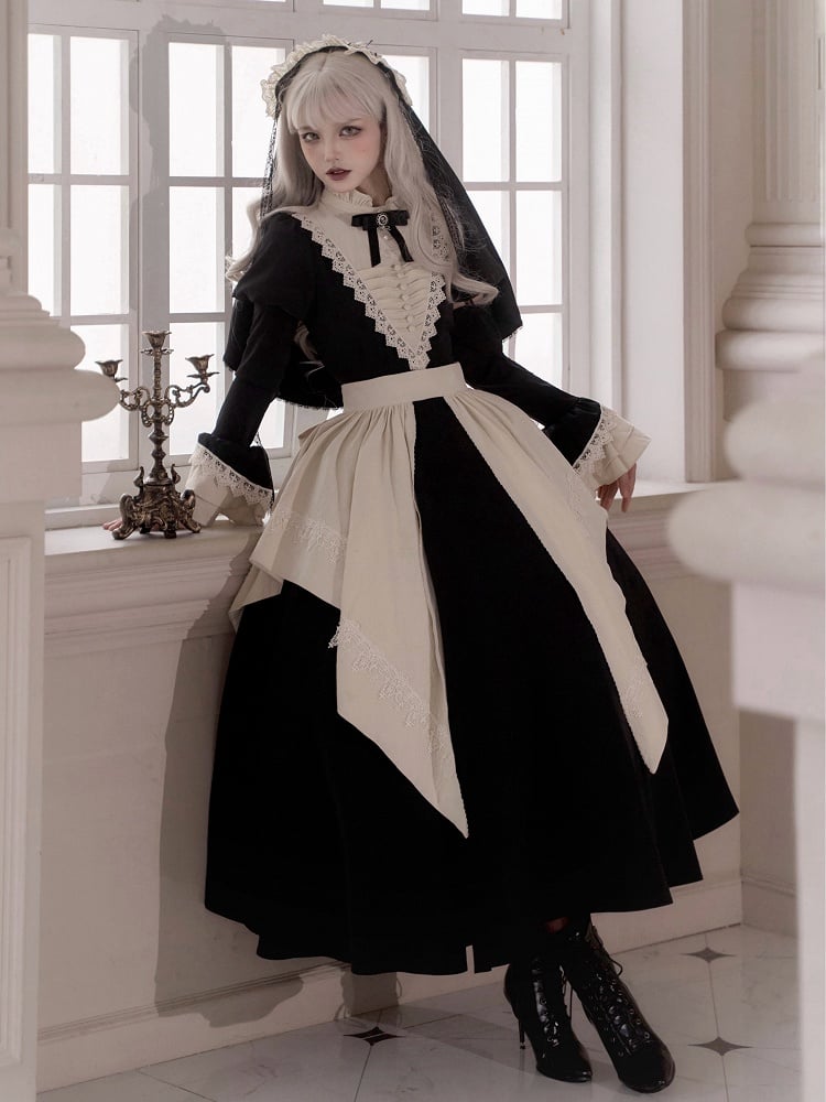 Clearance-Size S for Bust 84CM Elegant Black and Beige Ruffle Banded Collar Gothic Nun Lolita Dress Long Version
