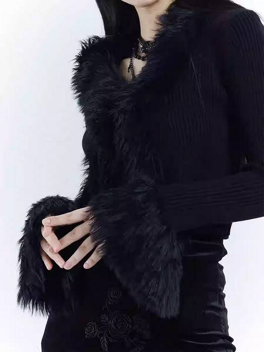 Gothic Black V-Neck Plush Trim Slim-fitting Knitted Sweater