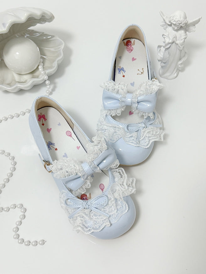 Blue Bowknot Details Lace Trim Round Toe Lolita Shoes