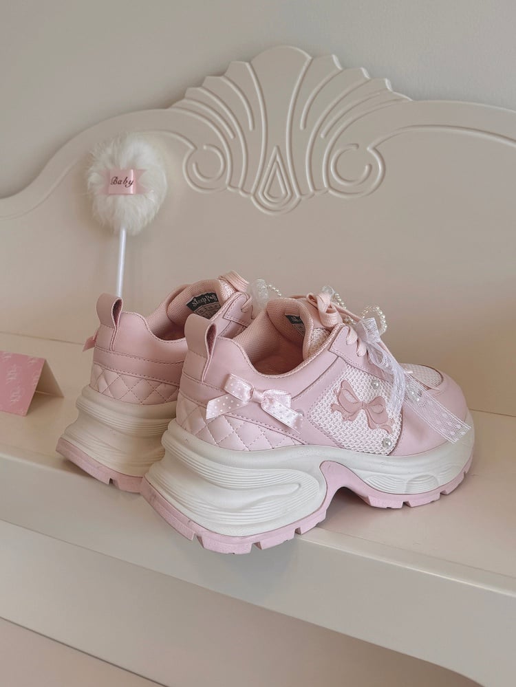 Pink Beaded Decorated Bowknot Details Front Lace-up Ties Sneakers