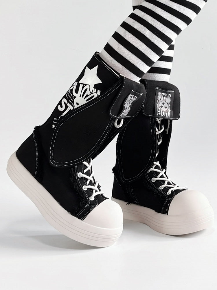 Punk Black Mid-Calf Boots - Bunny Ear Accents with Letter And Rabbit Print, Lace-Up & Inner Zip