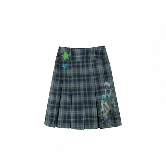 Blue Box Pleat Vintage Printed Plaid Skirt