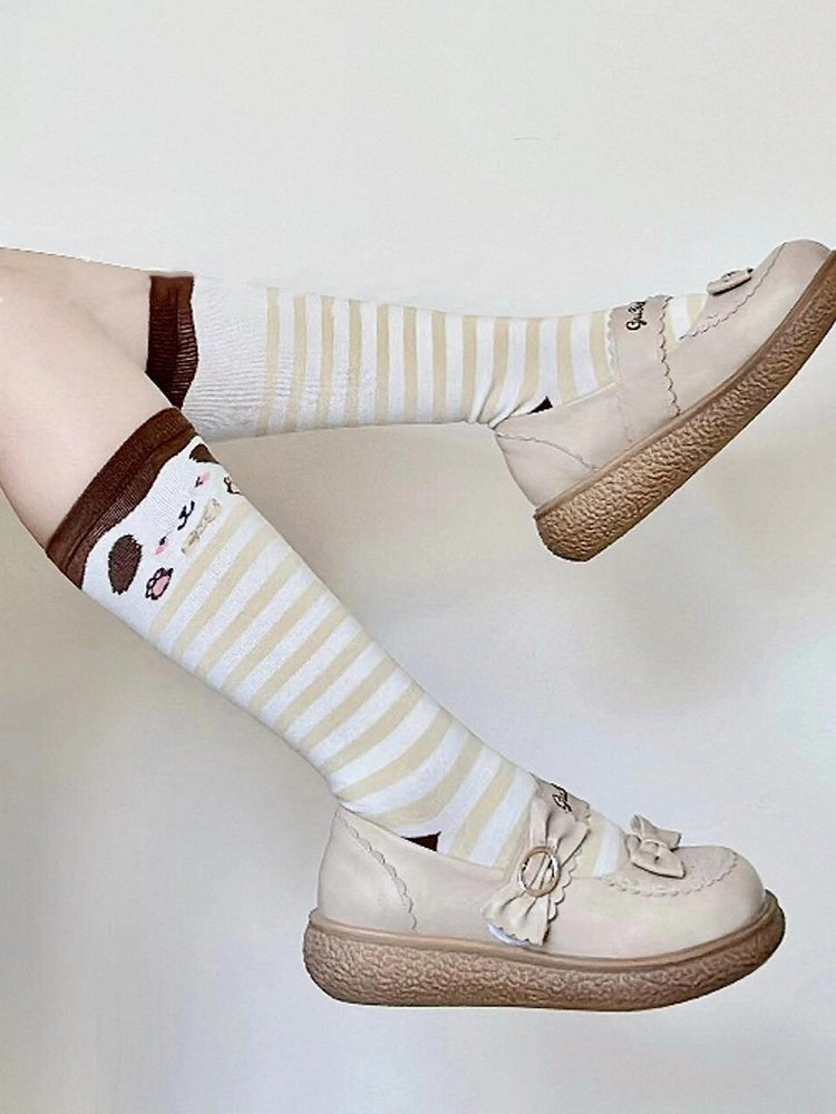 Coffee Puppy Print Striped Pattern Lolita Calf Socks