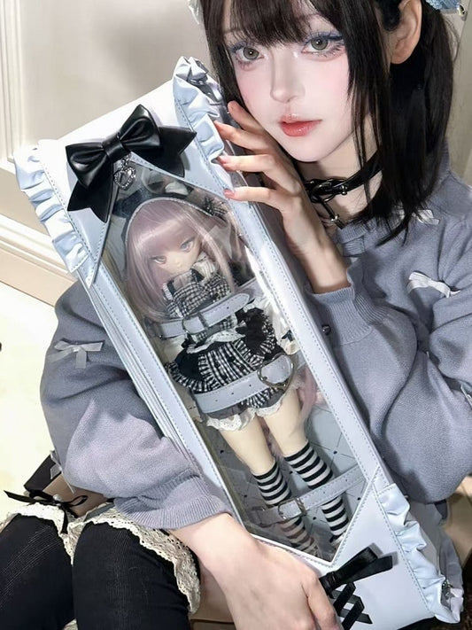 Blue&Black Bowknot Details Diamond Pattern 1/4 Scale BJD Doll Bag with Two Straps