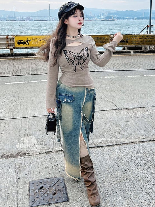 Plus Size Blue High-Slit Frayed Hem Wasteland Punk Denim Skirt Cargo Pockets Design