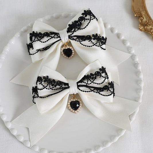 9 Colors A Pair of Bowknot Heart Charm Hairclips with Black Lace Decorations