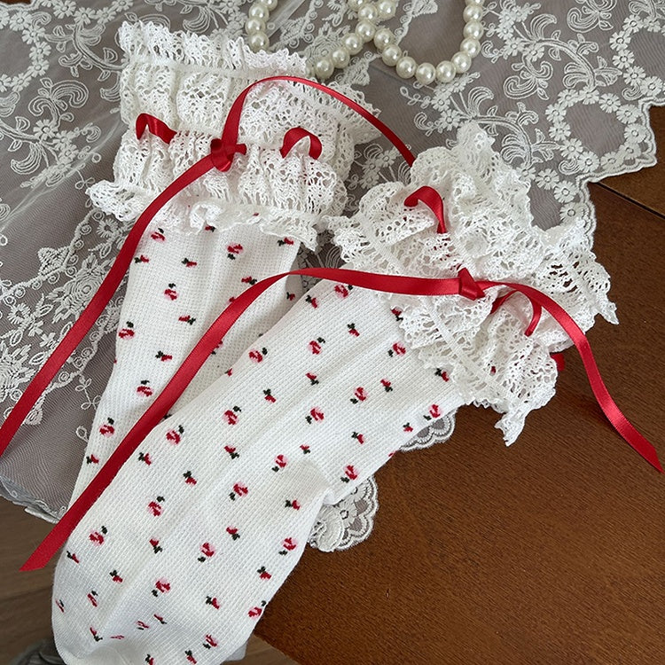 Black/White Floral Pattern Bowknot Details Lace Trim Calf Socks