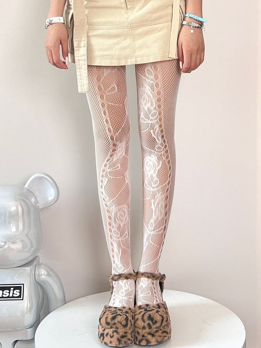 Black/White/Brown Y2K Cut-out Design Floral Pattern Tights