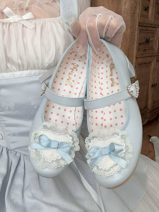 Blue Bow at Top Lace Trim Beaded Heart Buckles Lolita Shoes